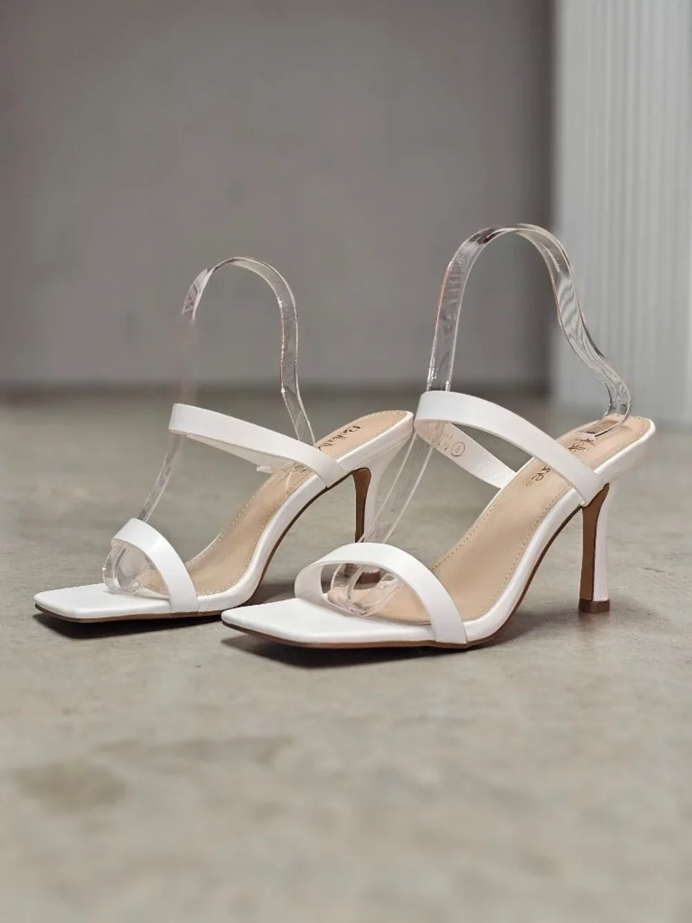 Square Toe White Strappy High Heel Sandals With Double Strap Design For Women - Picture 4 of 13
